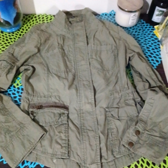Army green Jacket,zip/button long sleeve waist sinch - Picture 5 of 17